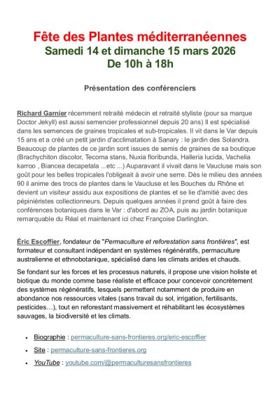 Détail du programme de la "Fête des Plantes méditerranéennes rares et de collection" - Domaine d'Orvès - 14-15 mars 2026
