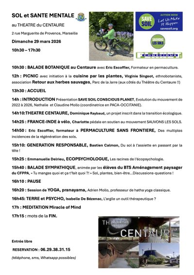 Programme de la journée "Sol et Santé mentale" au Théâtre du Centaure, Marseille - 29 mars 2026